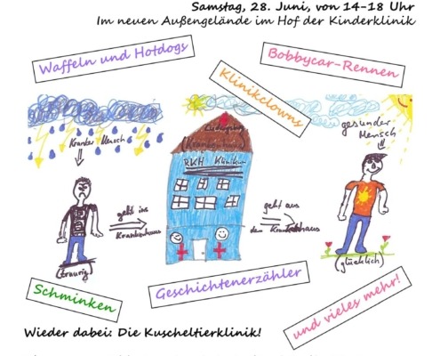 Plakat für ein Kinderfest mit Zeichnungen, Aktivitäten wie Schminken, Bobbycar-Rennen und Klinikclowns.