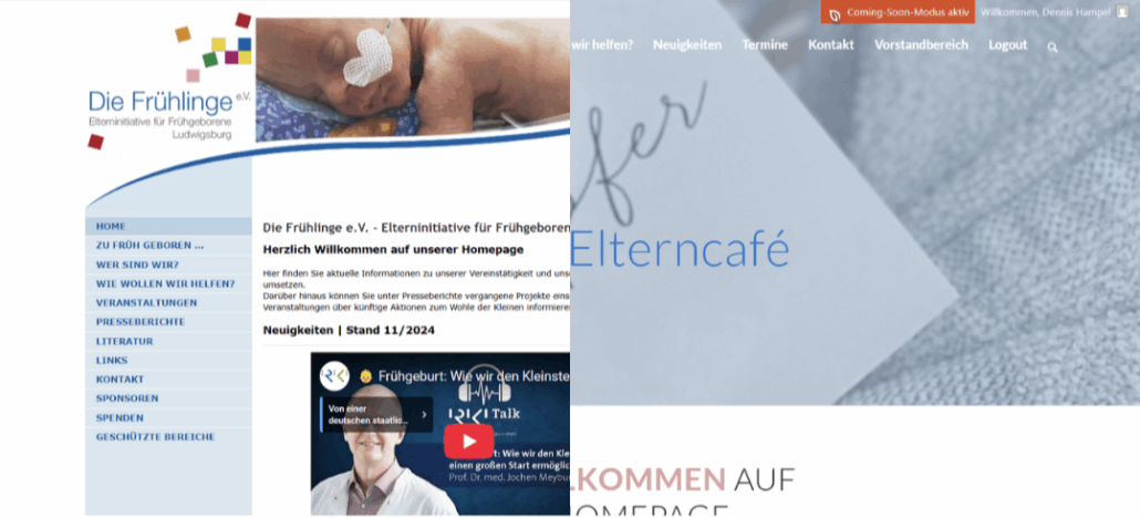 Zwei Webseiten nebeneinander, links die alte Webseite und Rechts die neue Webseite
