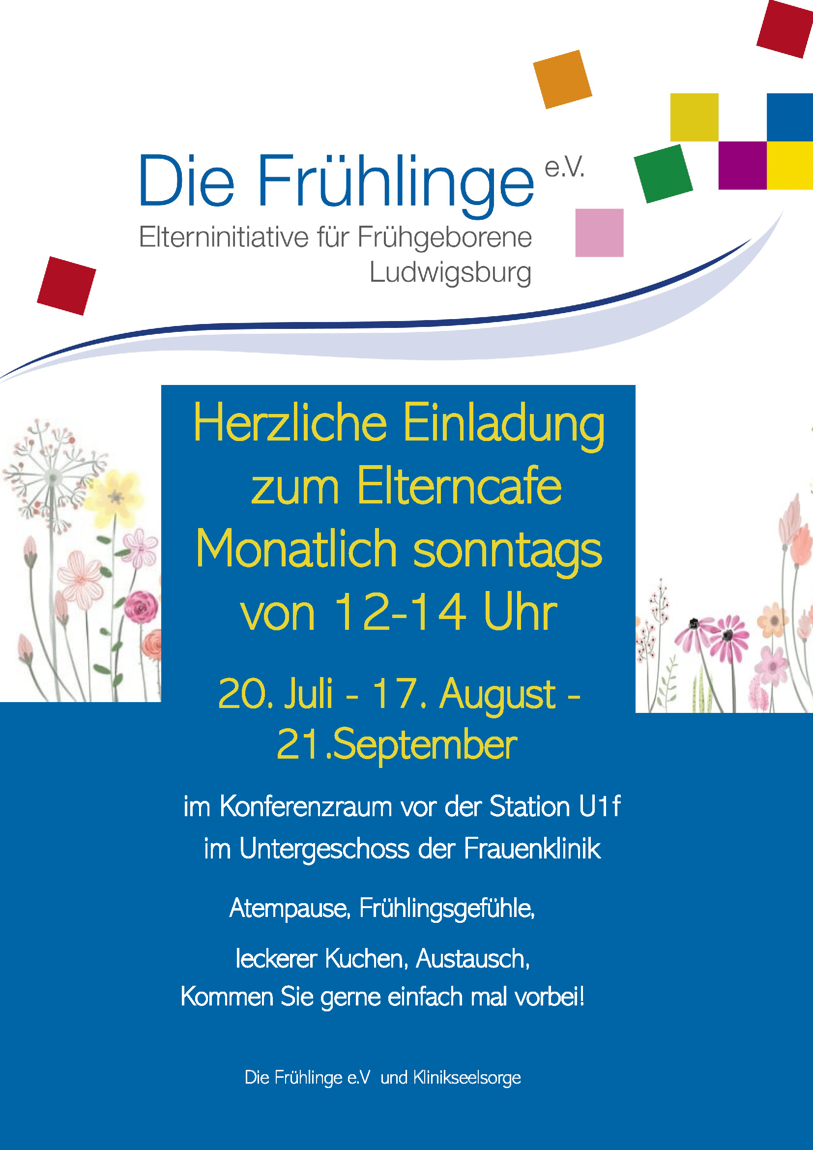 Einladung zum Elterncafé in Ludwigsburg, sonntags 12-14 Uhr, mit Blumenillustrationen und bunten Quadraten.